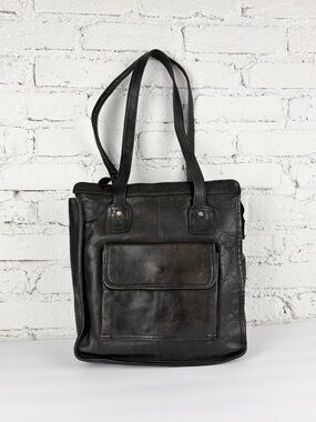 Frye Vintage Black Leather Distressed Shoulder Top Zip Tote Bag Purse